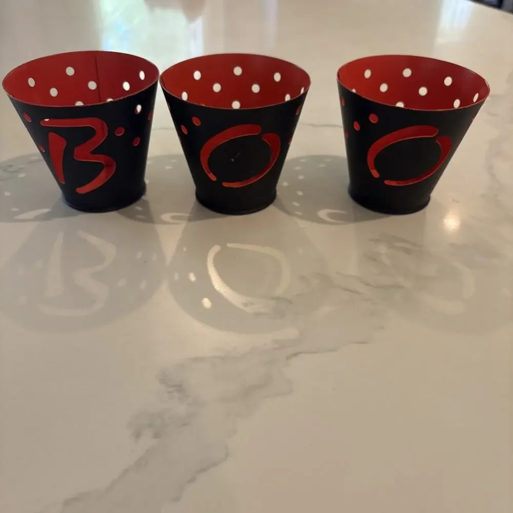 Set Of 3 HMK Metal Pail Halloween Tea Light Candle Holders Black BOO Silhouette
